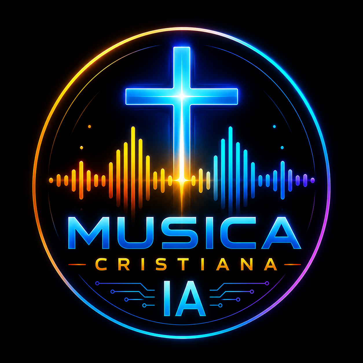 Logo de Música Cristiana IA con cruz iluminada y ondas musicales