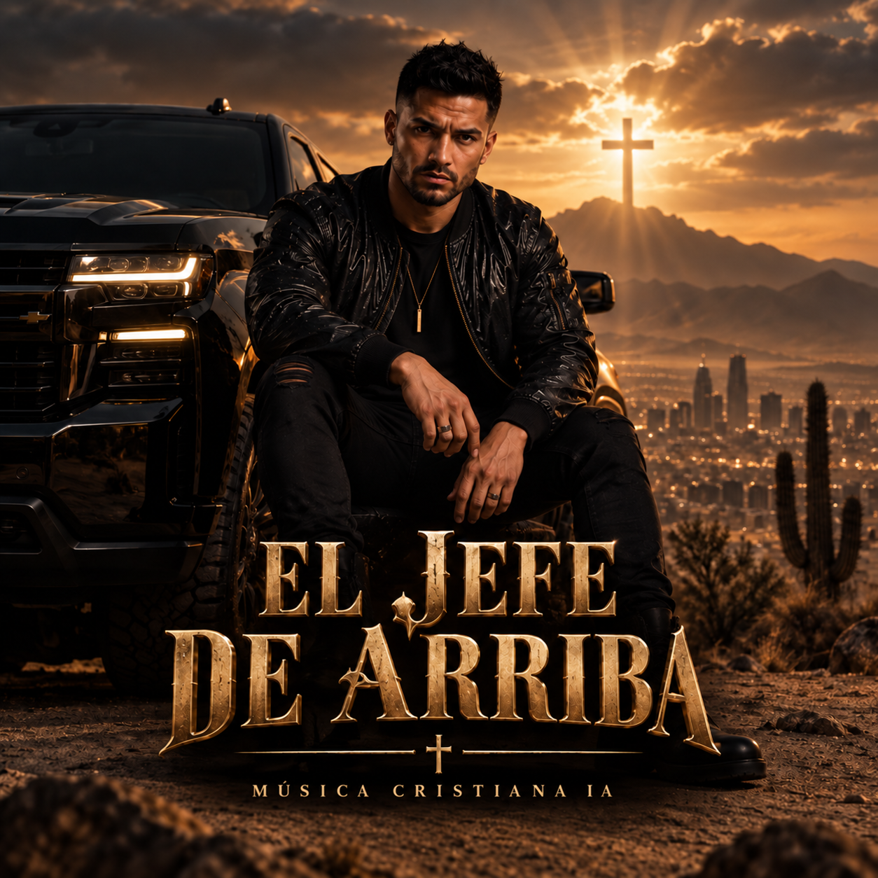 Portada de El Jefe de Arriba de Música Cristiana IA: un hombre junto a una camioneta, con una cruz iluminada al atardecer